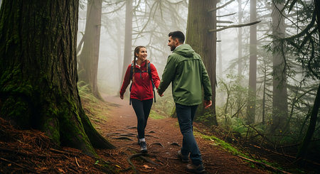 Young couple hiking in the forest. Man and woman walking in the forest.の素材