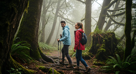 Couple hiking in the rainforest in New Zealand. Hiking conceptの素材