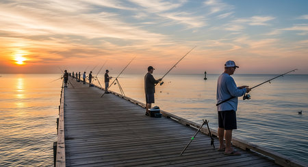 Fishermen fishing on a wooden pier in the evening at sunsetの素材
