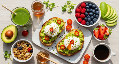 Healthy breakfast with toasts, avocado, poached egg, berries and smoothieの素材