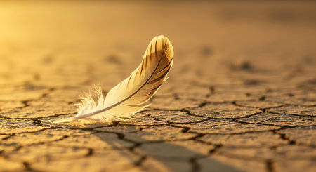 Feather of a bird on cracked ground at sunset, closeupの素材