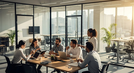 Group of young business people in smart casual wear discussing business plan while sitting at the table in modern office.の素材
