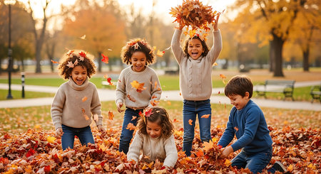 Group of happy children playing with leaves in autumn park. They are smiling and having fun.の素材
