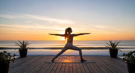 Silhouette of young woman practicing yoga at sunrise on the beachの素材