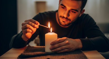 Man lighting a candle at home. Close-up of a man lighting a candle.の素材