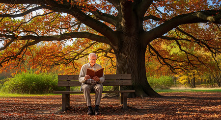 Elderly man reading a book in a beautiful autumn park.の素材