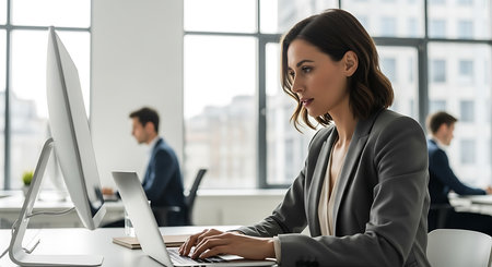 Serious businesswoman working on computer while sitting at workplace in officeの素材