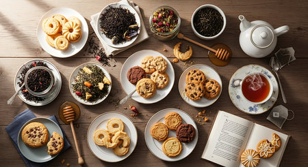 Various kinds of tea and cookies on the wooden table, top viewの素材
