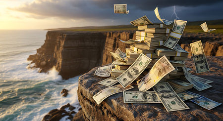 Conceptual image of falling dollar banknotes on top of cliffsの素材