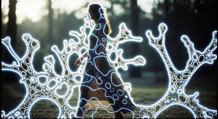 Young woman in a long dress in the forest at night. Bokeh effect.の素材