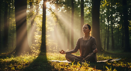 Young woman practicing yoga in the forest at sunset. Healthy lifestyle concept.の素材