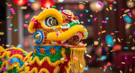 Chinese lion dance at chinese lunar new year festival in China.の素材