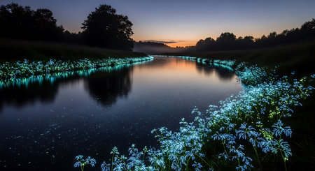 Sunset over the river in summer with blue flowers in the foregroundの素材