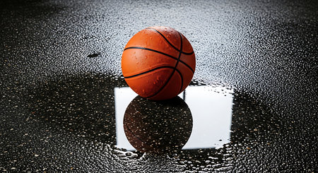 Basketball ball on a wet floor with water drops. 3D illustration.の素材