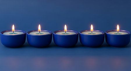 Five blue candles in a row on a blue background - 3D renderの素材