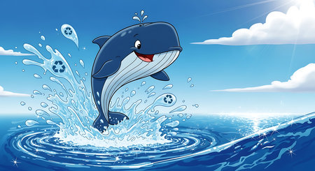 Vector illustration of Cartoon whale jumping out of the water on sunny dayの素材