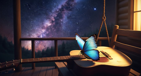 Acoustic guitar and blue butterfly on a balcony in the night.の素材