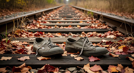 A pair of old worn out sneakers on a railway track in autumnの素材