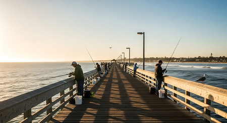 Fishermen on a pier at sunset in San Diego, Californiaの素材
