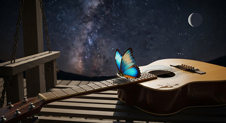 Acoustic guitar and blue butterfly in the night sky. 3D renderingの素材