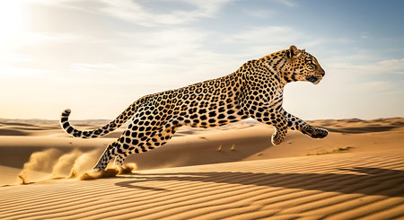 Leopard running in the desert. 3D rendering. Africa.の素材