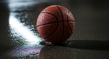 Basketball ball on a basketball court with rain drops on the floorの素材