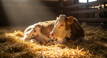 Calf and cow lying on hay in the barn in the sunの素材