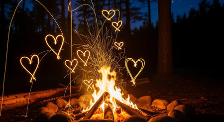 Bonfire in the forest at night with heart-shaped lights.の素材