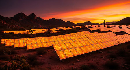 Photovoltaic modules in the desert at sunset, Nevada, USAの素材