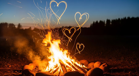 Bonfire with hearts on the background of a forest and sunset.の素材