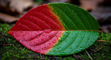 Water drops on a green leaf after a rain in the forest.の素材