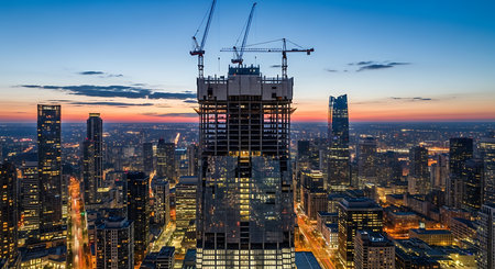 Aerial view of Chicago downtown skyline at sunset, Illinois, USA.の素材