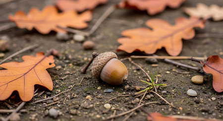 Acorn on the ground with autumn leaves. Autumn background. Selective focus.の素材