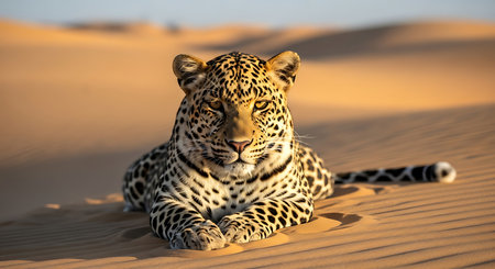 Leopard lying in the sand in the Namib Desert, Namibiaの素材