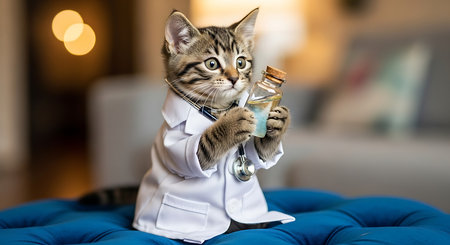 Cute little tabby kitten in a white lab coat with a stethoscope holding a bottle of medicineの素材