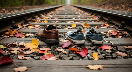 A pair of shoes on the railway tracks and autumn leaves in the backgroundの素材