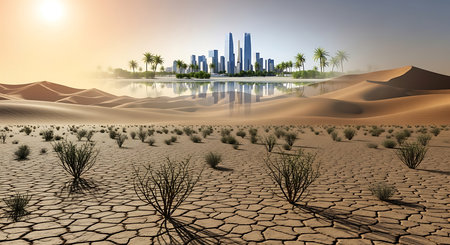 Desert landscape with skyscrapers in Dubai, United Arab Emiratesの素材