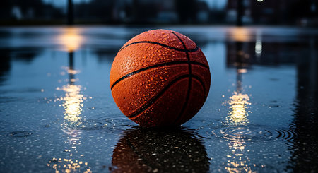 Basketball ball on a wet street in the evening. 3d renderingの素材