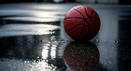 Basketball ball on the floor with water drops after a basketball gameの素材