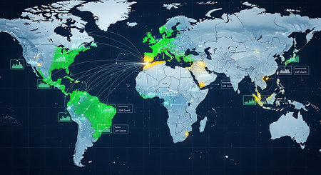 Highly rendering of digital world map with connections on dark blue backgroundの素材