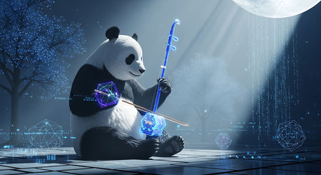 Panda playing violin against blue background with vignette. 3d renderingの素材