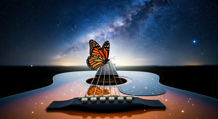 Acoustic guitar with a butterfly on the background of the starry skyの素材