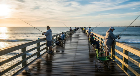 Fishermen fishing on a wooden pier at sunset in Naples, Floridaの素材