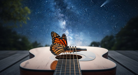 Acoustic guitar and butterfly against starry sky over the forest.の素材