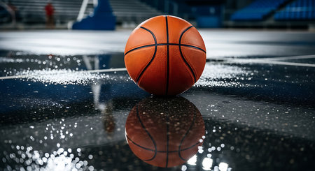 Basketball ball on the floor of a basketball court. 3d renderingの素材
