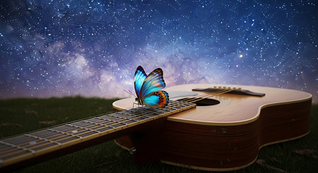 Acoustic guitar and butterfly on green grass with starry sky backgroundの素材