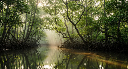 Mangrove forest in the morning with fog, Thailand.の素材