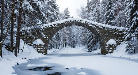 Winter landscape with frozen river and old stone bridge in the forest.の素材
