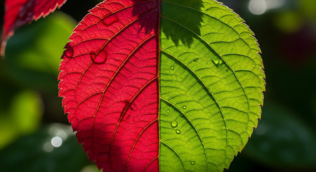 Close up of red leaf with water drop in the morning sunlight.の素材