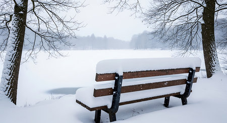 Bench in the park covered with snow. Winter landscape in Poland.の素材